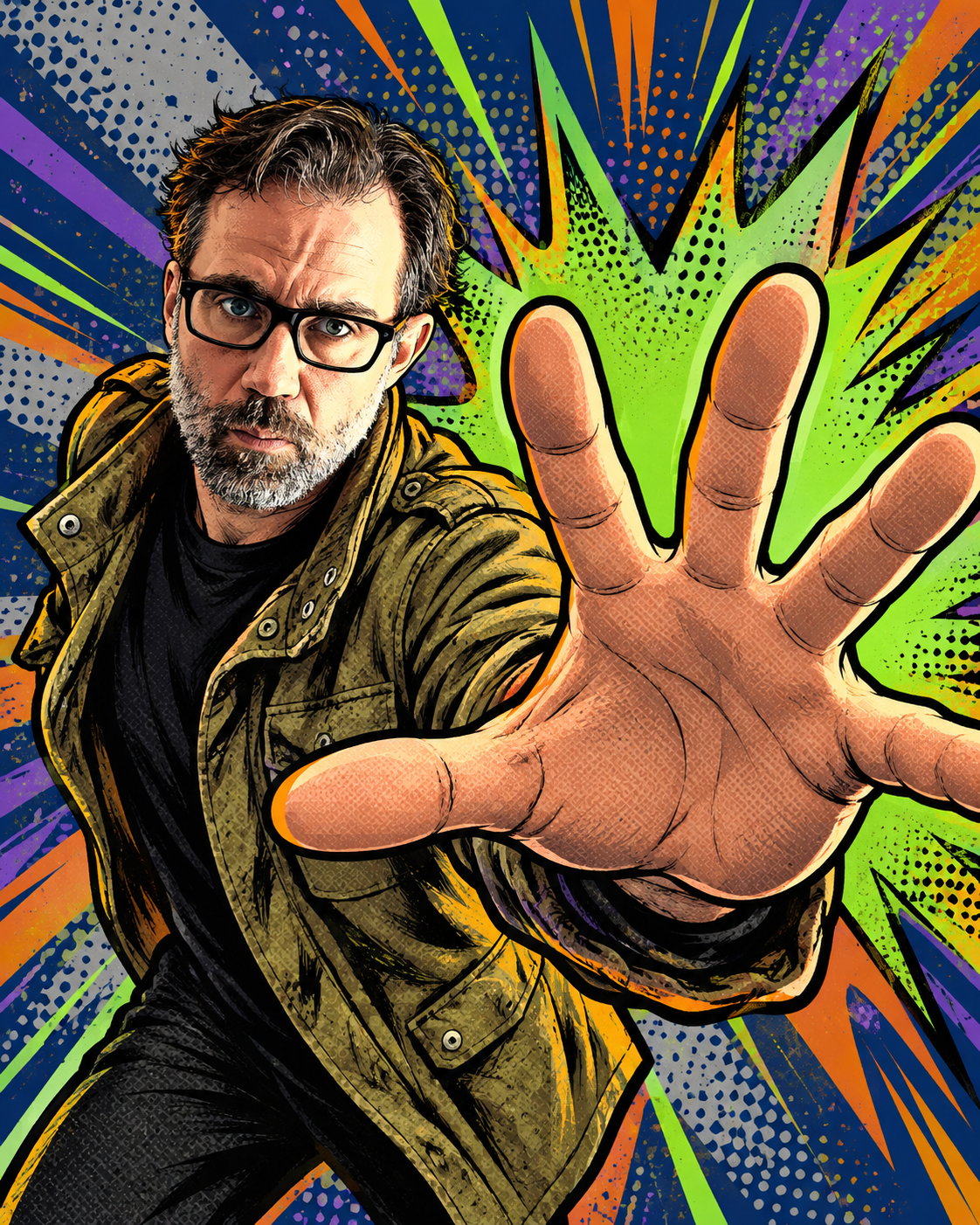 Jason reaching toward the viewer in a colorful comic portrait